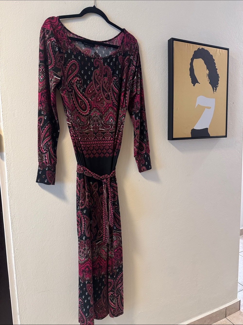 BCBGMaxAzria Black and Pink Paisley Long-Sleeve Wrap Maxi Dress
